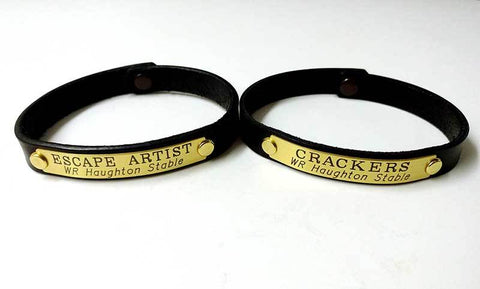 Engraved Leather Horse Bracelet with 2 1/2" x 3/8" Brass or Nickel Silver Plate